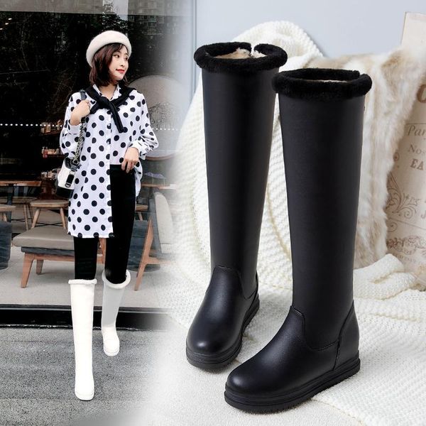 

boots fashion women winter snow warm fur wedges high heels tight long shoes woman platforms, Black