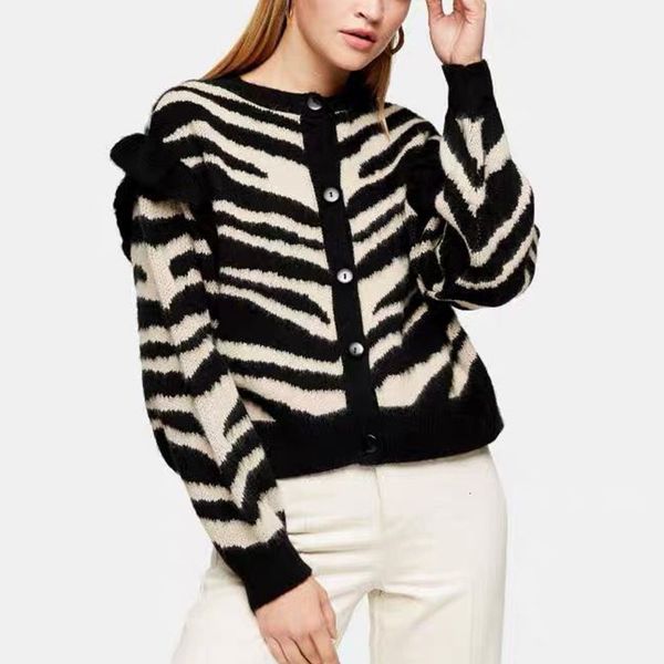 

2021 autumn winter women cardigans new zebra stripes print warm sweater casual o-neck long sleeve female elegant outwear 4zrf, White;black