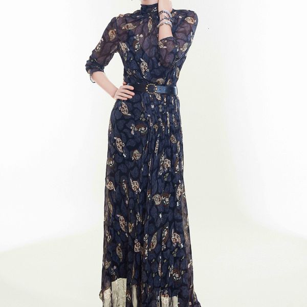 

2021 beginning spring new boho retro impression flower long belt fine adjustment temperament mid-length chiffon dress xml7, Black;gray