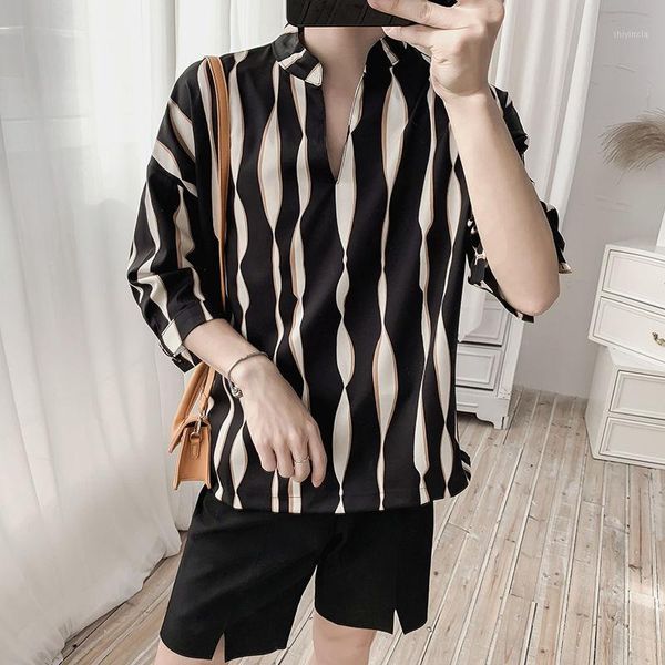 

summer pullover shirt men's fashion contrast color casual striped dress shirt men streetwear wild loose short sleeve mens1, White;black