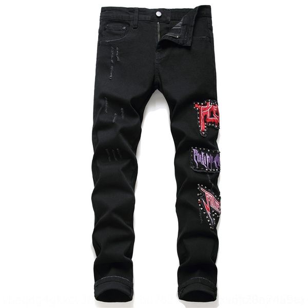 

zwow4 new style washed worn and embroidered willow slim fit small feet elastic jeans and jeansembroidered jeansblack jeans letter men's, Blue