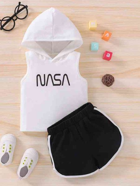 

baby letter graphic hooded tank & contrast binding shorts she, White