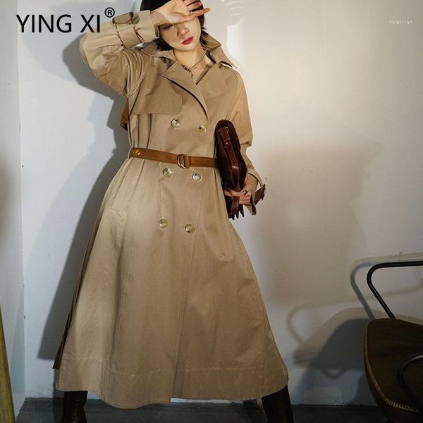 

ying xi 2020 spring casual spliced england style trench coat turn-down collar long sleeve double breasted button sashes coats1, Tan;black
