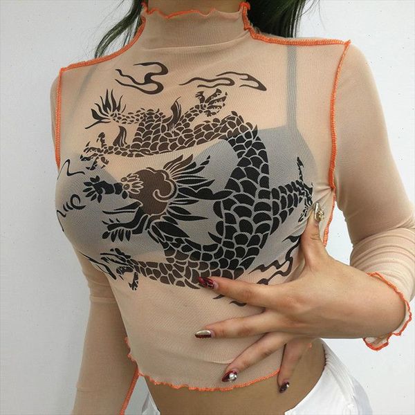 

women see through blouse mesh sheer crop chinese style dragon slim long sleeve turtleneck shirts blouses club, White