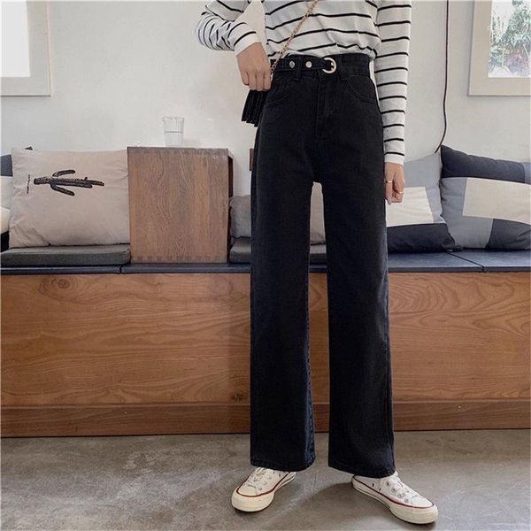 

fashion femme straight black 2020 new chic students fashion high waist slender jeans loose casual light plus denim pants1, Blue