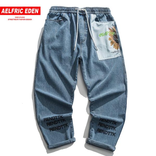 

aelfric eden 2020 hip hop sunflower patchwork print denim jeans streetwear harajuku pant man oversize loose joggers men trousers, Blue