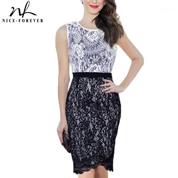 

nice-forever elegant lace patchwork work dresses business party bodycon sheath women dress bty7751, Black;gray