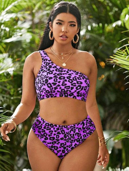 

plus leopard one shoulder bikini swimsuit j3b6#, Black