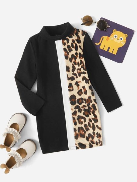 

toddler girls contrast panel leopard mock neck dress she, Red;yellow