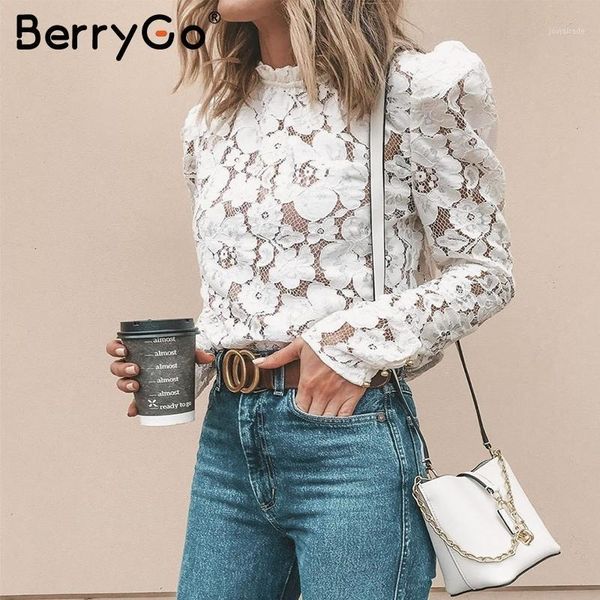 

women's blouses & shirts berrygo vintage lace blouse women shirt hollow out embroidery white chic puff sleeve mesh office ladies b