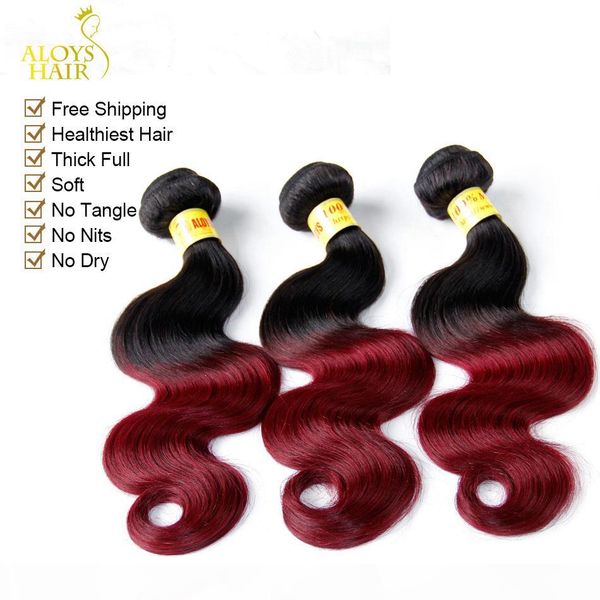 

ombre malaysian body wave virgin human hair extensions 2 two tone 1b 99j burgundy wine red malaysian remy human hair weave bundles natural, Black