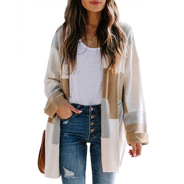 

women hooded knitted cardigan irregular square stitching sweaters long sleeve fashion outerwear autumn winter warm sweater coat, White