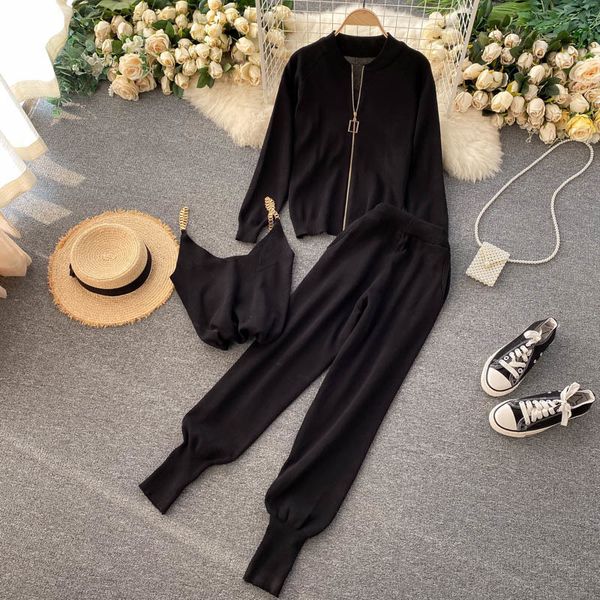 

2021 new female autumn design along cardigan mesh chain belt vest + long pants three-piece suit upper waistband avyk, Gray