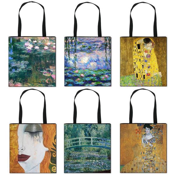 

vintage painting kiss / water lily totes bag women handbag monet / gustav klimt canvas shoulder bag for travel shopping bags