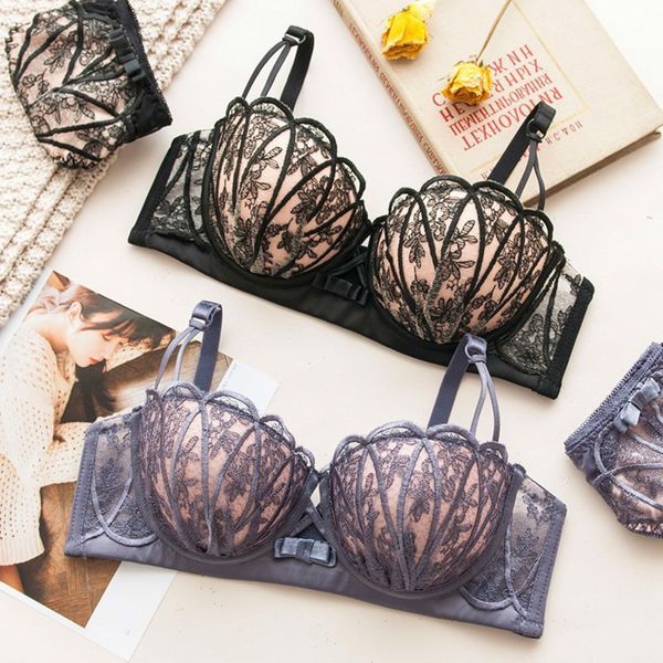

2021 wasteheart women fashion black red lace trim mesh padded bras set bralette cotton panties push up lingerie underwear a b, Red;black