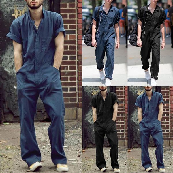 

2020 men overalls casual lapel jumpsuit black loose romper fashion summer clothes short sleeve pocket one-piece workwear male1