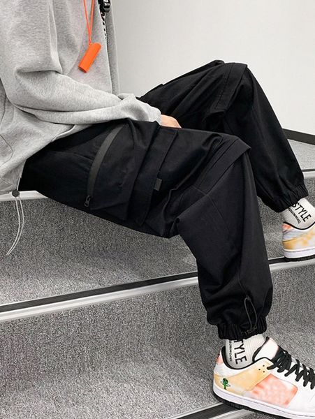 

men flap pocket side drawstring hem cargo pants 65tr#, Black