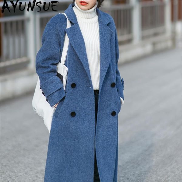 

women's wool & blends ayunsue autumn winter jacket women real coat female double side woolen coats korean outwear manteau femme my3491, Black