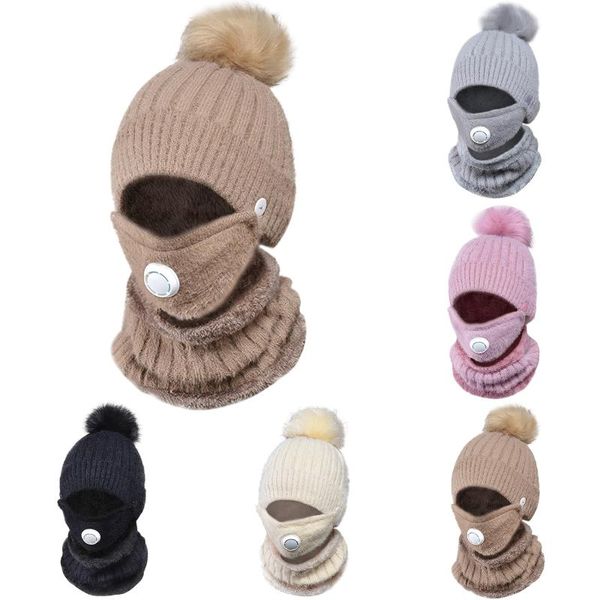 

beanie/skull caps 2021 3 pieces set women's knitted hat scarf solid pompon winter warm knit crochet cap neckerchief mask, Blue;gray