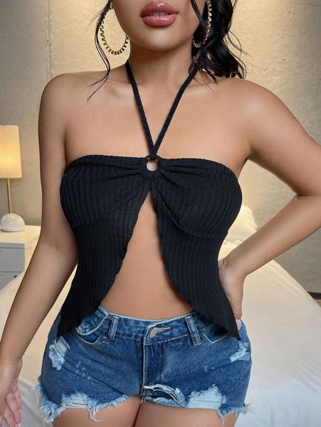 

ring ruched split front open back halter 30fp#, White