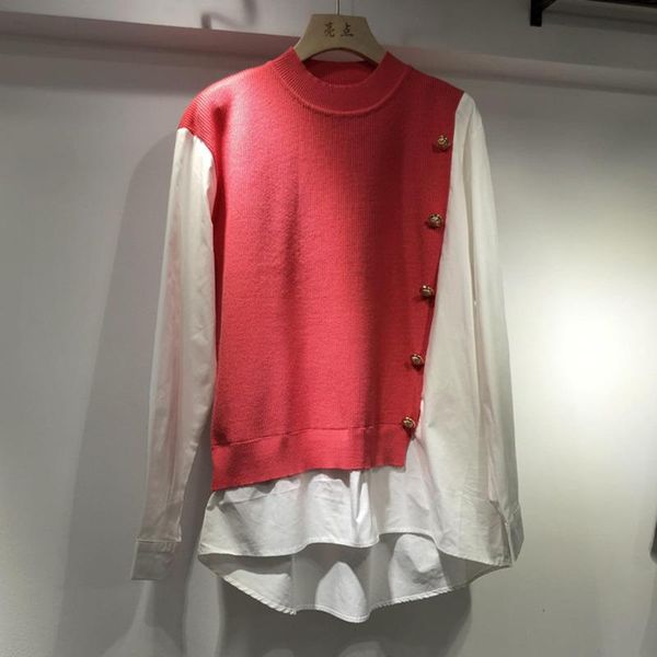 

women's blouses & shirts [ewq] 2021 spirng autumn stand collar patchwork knit korean style chic casual shirt fashion clothing fake two-, White