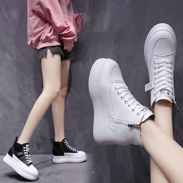 

women's 2021 new thick leather fashion increase black white shoes evdd