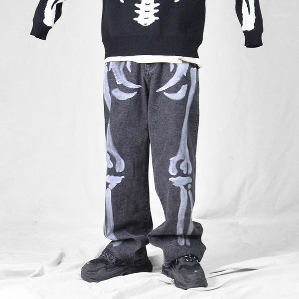 

men's jeans ewq / men's wear fashion skull printed wide leg pant straight zipper trouser hip hop streetwear spring vintage long 9y, Blue