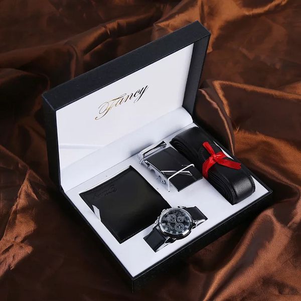 

man watch gift set with box leather belt men wallets watch mens watches luxury quartz wrist set for father's day gift, Silver