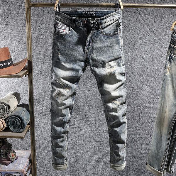 

italian style fashion men jeans slim fit ripped denim pants patchwork vintage designer retro elastic trousers homme kg-59, Blue