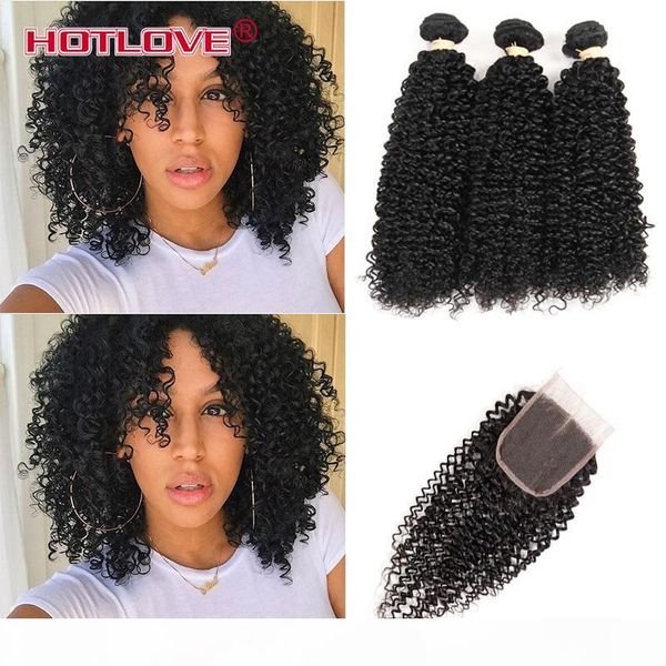 

ove indian virgin kinky curly hair 3 bundles with lace closure with baby hair natural black human hair wefts with closure, Black;brown