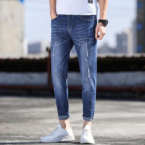 

men's jeans in nine points logo elastic foot of cultivate morality leisure trousers han edition clothing, Blue