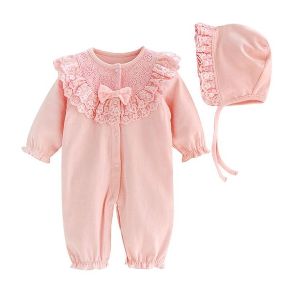 

2021 0-24m newborn girls fashion lace outfits o-neck long sleeve clothes princess flower print romper jumpsuit+hat set various s, Blue