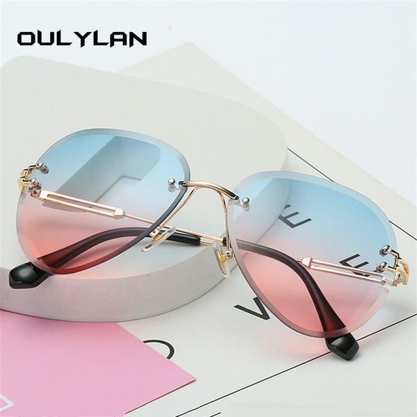 

oulylan rimless sunglasses women brand designer sun glasses gradient shades cutting lens ladies frameless metal eyeglasses uv400, White;black