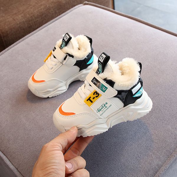 

2020 autumn winter children sport breathable plush warm boys sneakers boots soft light with fur outdoor kids running shoes, Black;red