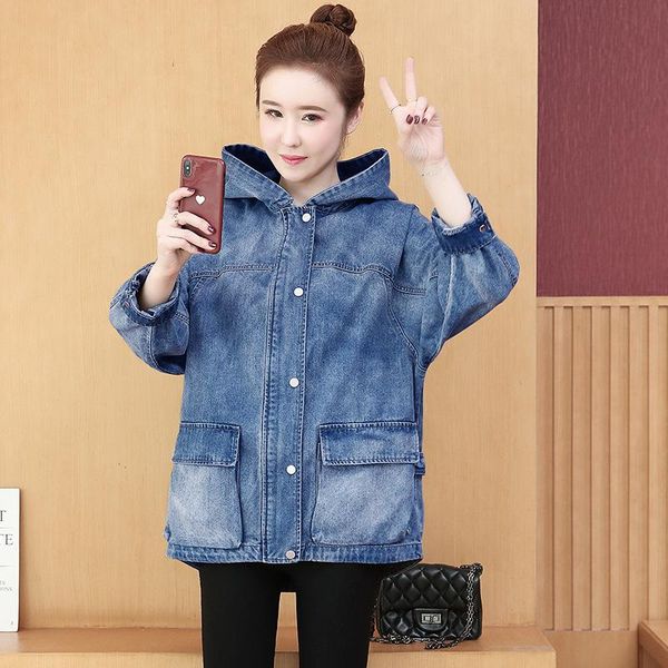 

2021 autumn and winter women's windbreaker denim coat women's mid-length hooded loose large pocket fashion denim windbreaker, Tan;black