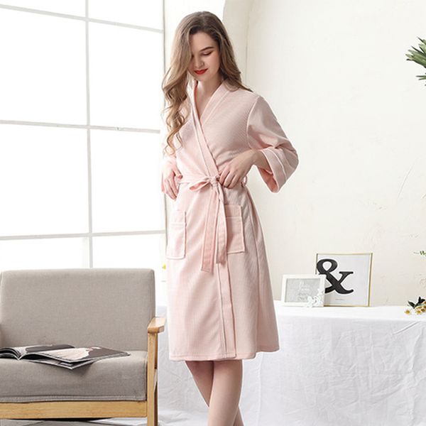 

2021 new bathrobe women's summer kimono solid sleepwear pockets dressing gown v-neck three sleeve waffle with belt peignoirs 93i6, Black;red