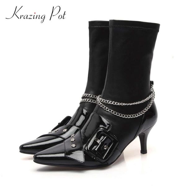

krazing pot large size cow leather chains buckle decorations streetwear pointed toe thin high heels slip on mid-calf boots l66, Black