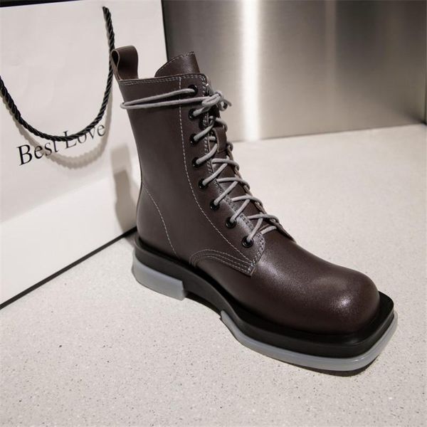

boots 2021 winter cow leather square toe low heel lace-up simple and versatile casual women's platform shoes, Black