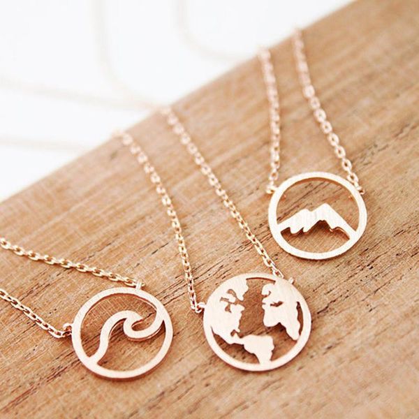 

pendant necklaces rose gold color wave globe round circle charm necklace stainless steel mountain jewelry gifts for friends, Silver