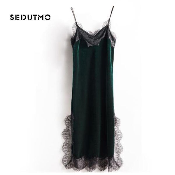 

sedutmo winter velvet lace dress women tunic maxi spaghetti strap dresses basic sundress vintage black party dress lj201202, Black;gray