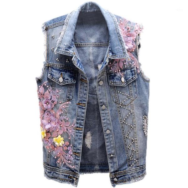 

2020 spring autumn new fashion women beaded flowers hole denim vest sleeveless jeans coat 1, Black;white