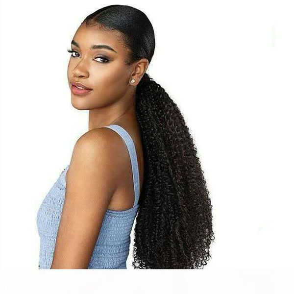 

one piece wrap around human hair ponytail extensions clip in on afro kinky curl ponytail extensions pony tail 120g 14inch dark brown color, Black