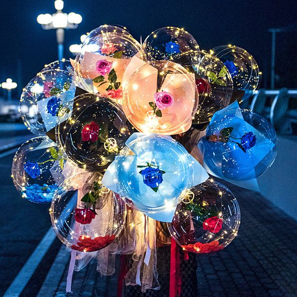 

led luminous balloon rose bouquet transparent bubble enchanted rose with stick led bobo ball valentines day gift wedding party decor e121801