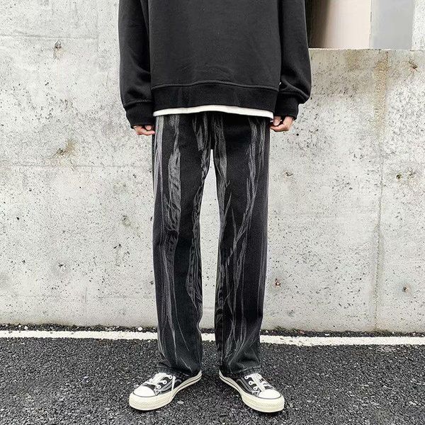 

korean tie-dye jeans men's fashion casual retro wide-leg jeans men streetwear loose hip-hop straight denim trousers mens s-3xl, Blue