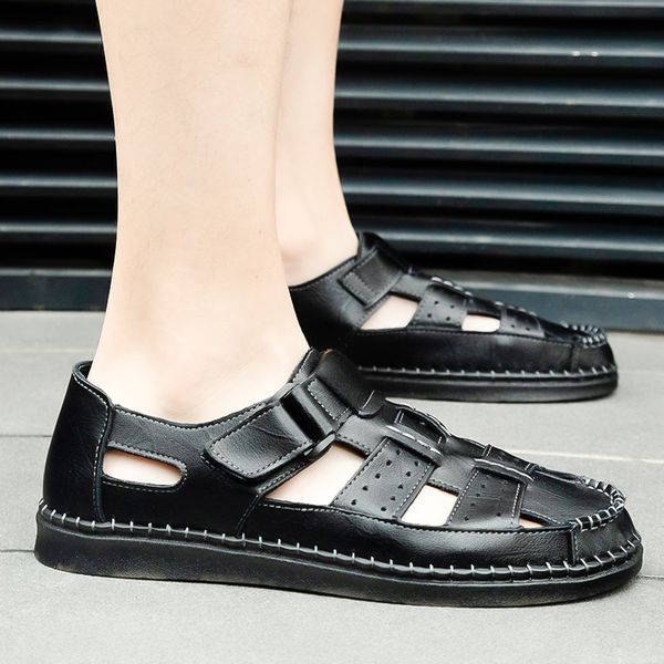

casual slipper for summer breathable fashion handmade genuine leather sandals men flat shoes t200420, Black