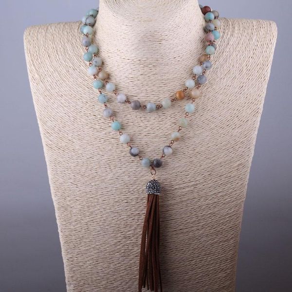 

pendant necklaces moodpc fashion rosary chain amazonite stones bohemian tribal jewelry brown tassel necklace, Silver