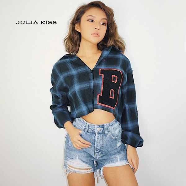 

women check plaid drop shoulder crop shirt with letter b appliques hip hop crop checked blouse1, White