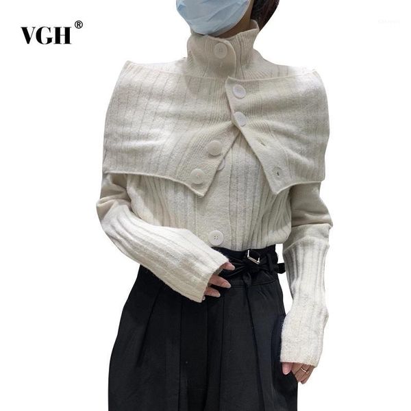 

vgh patchwork fake two sweater for women turtleneck long sleeve casual elegant knitted cardigans female fashion new 2020 fashion1, White