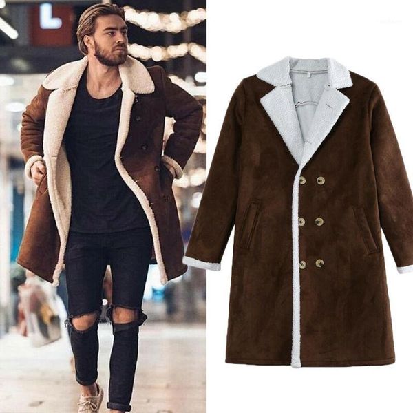 

2020 fashion men fur fleece blends brown color trench coat overcoat lapel warm fluffy jacket outerwear male boy warm jacket1, Black