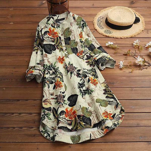 

plus size tunic printed long women's autumn blouse 2020 zanzea kaftan casual long sleeve shirts female button down blsuas1, White